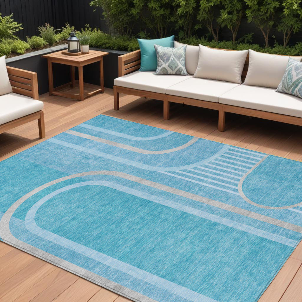 10' X 14' Teal Abstract Washable Indoor Outdoor Area Rug