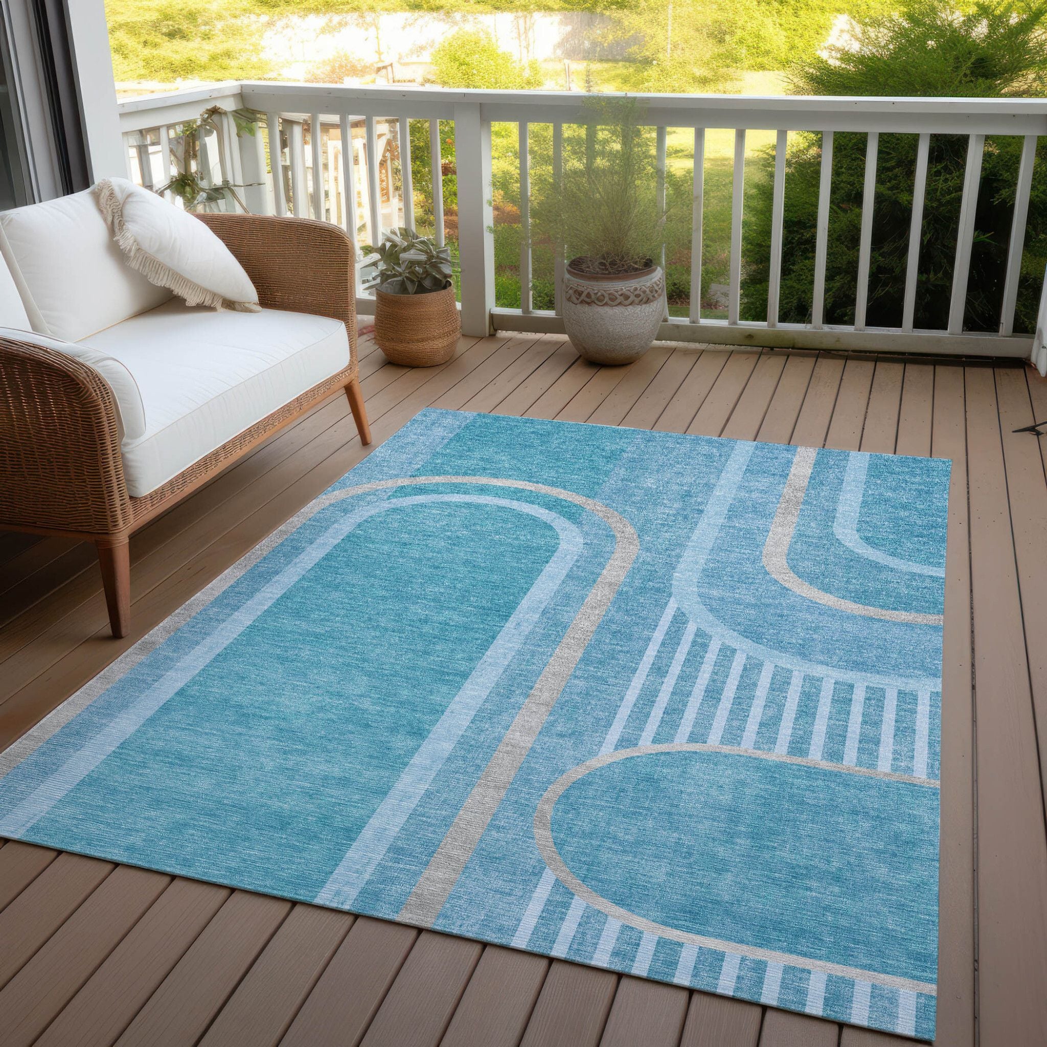 10' X 14' Teal Abstract Washable Indoor Outdoor Area Rug - Image 7