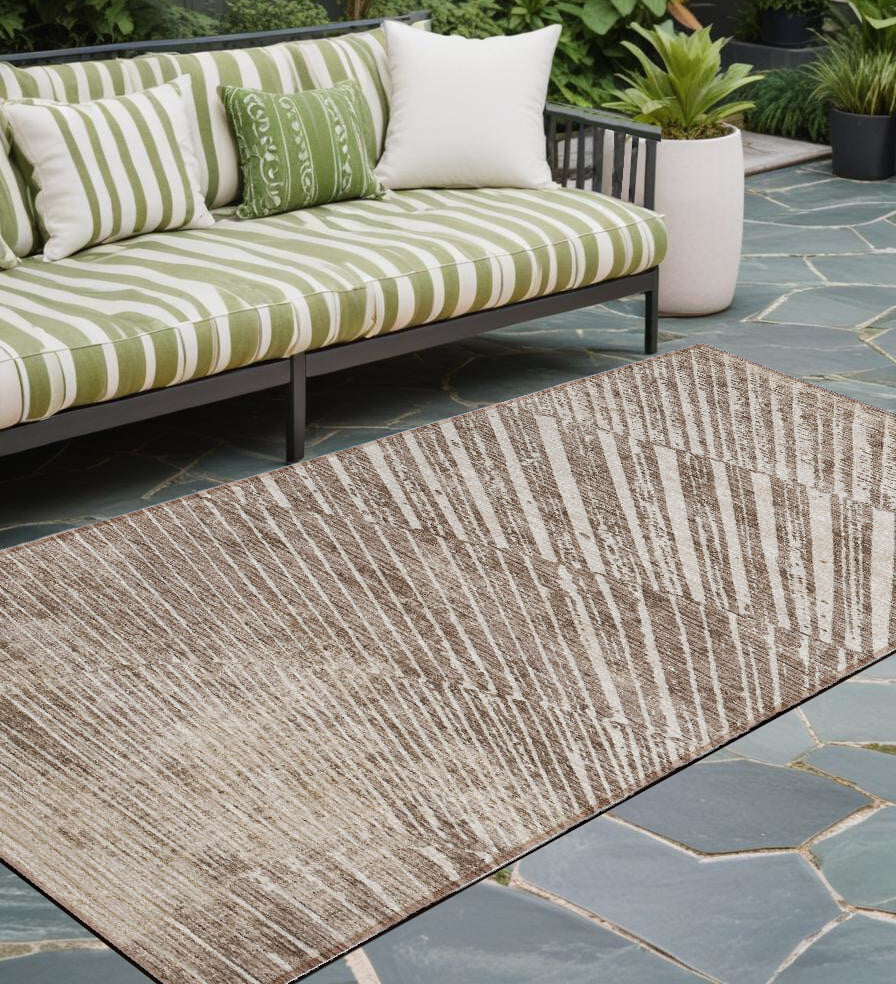 8' Runner Taupe and Ivory Abstract Washable Non Skid Indoor Outdoor Runner Rug - Image 2