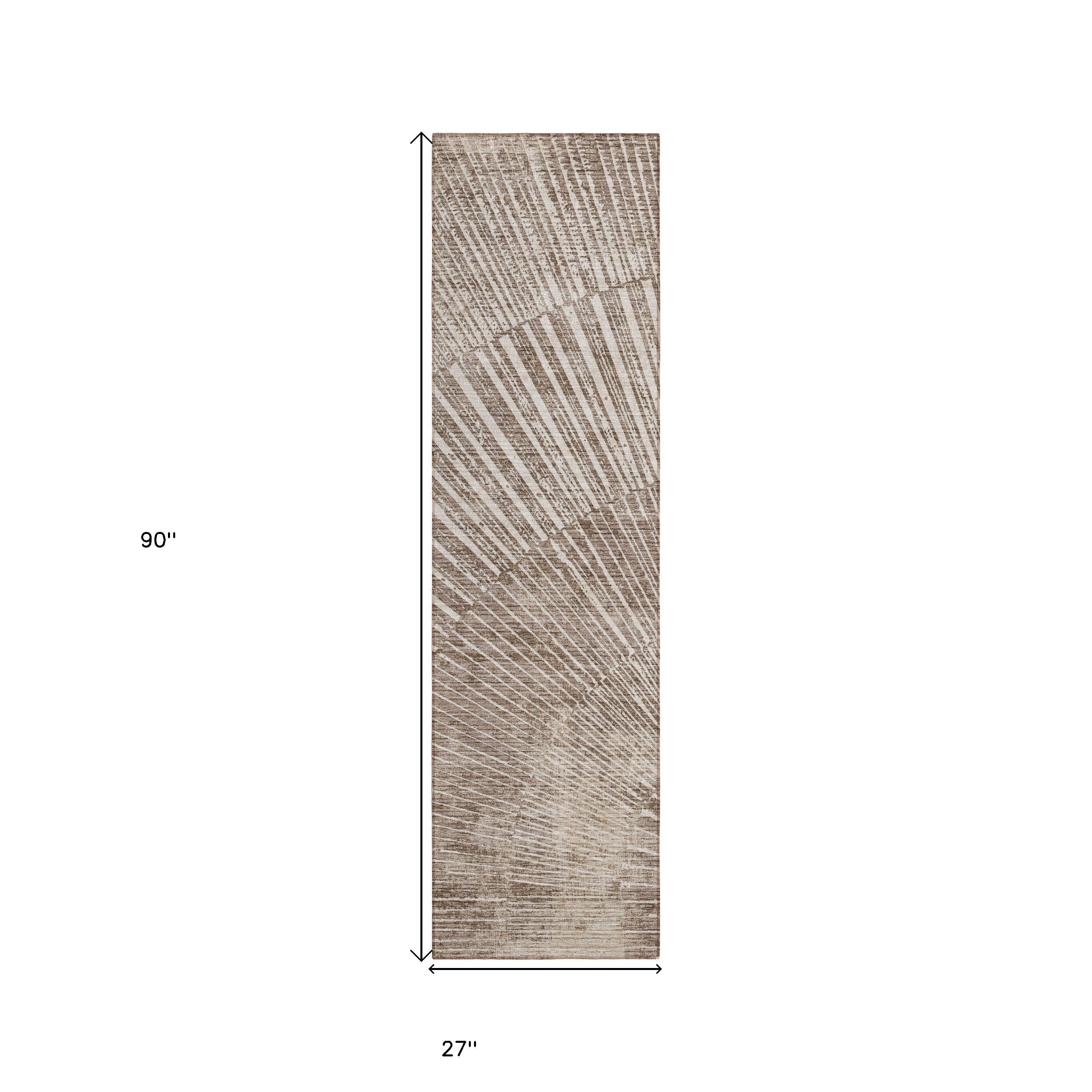8' Runner Taupe and Ivory Abstract Washable Non Skid Indoor Outdoor Runner Rug - Image 4