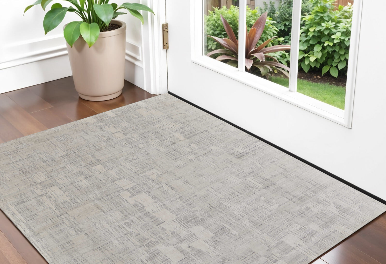 2' X 3' Ivory and Gray Abstract Hand Woven Worn Faded Area Rug