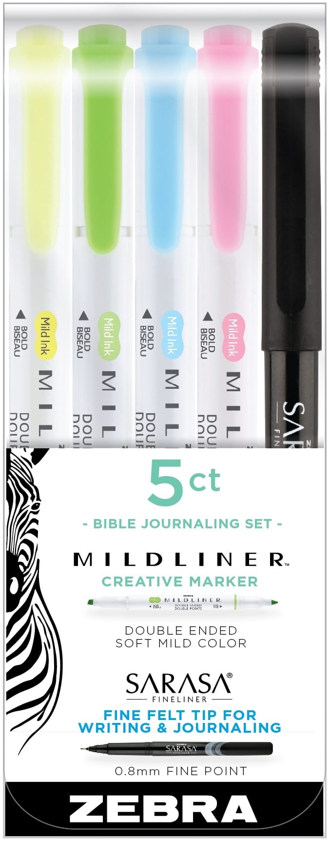 Zebra Mildliner Double Ended Highlighters and Fine Liner 5 Per Pkg Assorted Colors