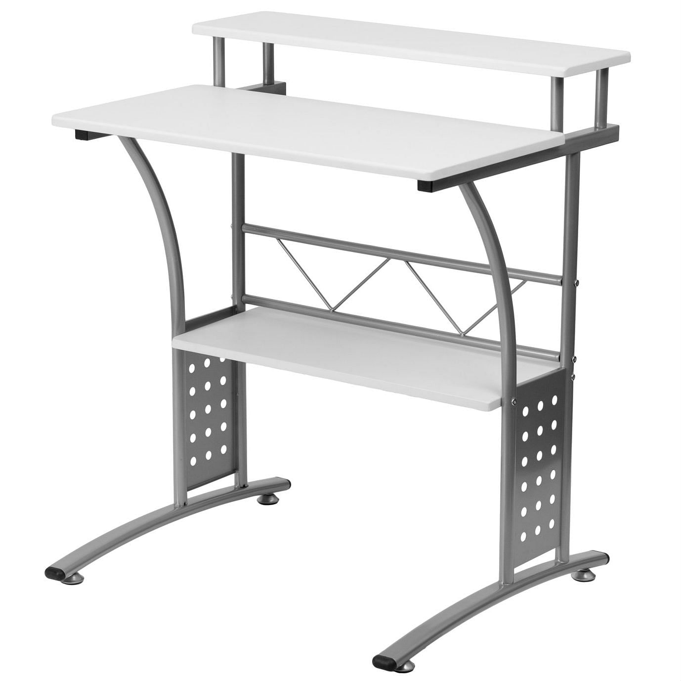 Modern Metal Frame Computer Desk White Laminate Raised Shelf