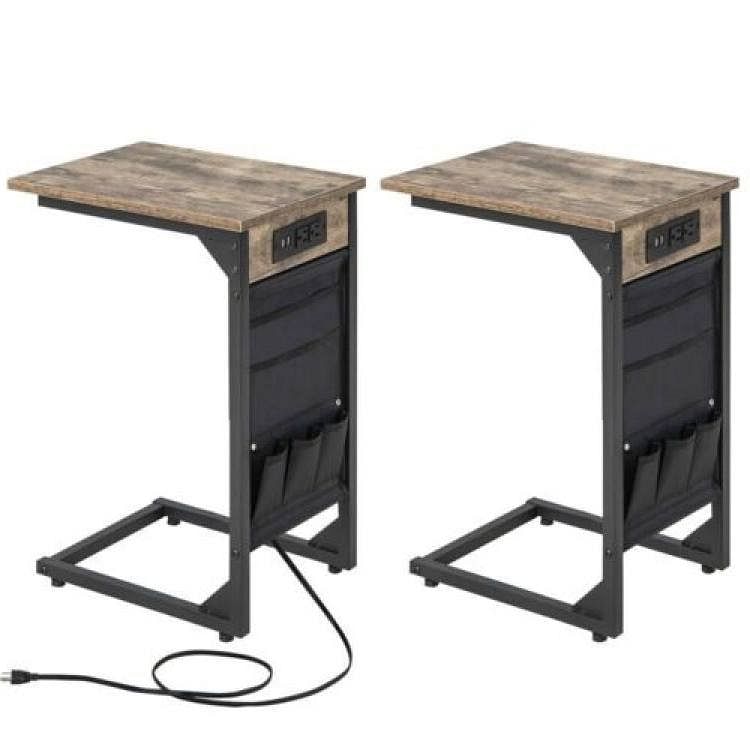 Set of 2 –  TV Tray End Tables with Storage Bags and Charging Station