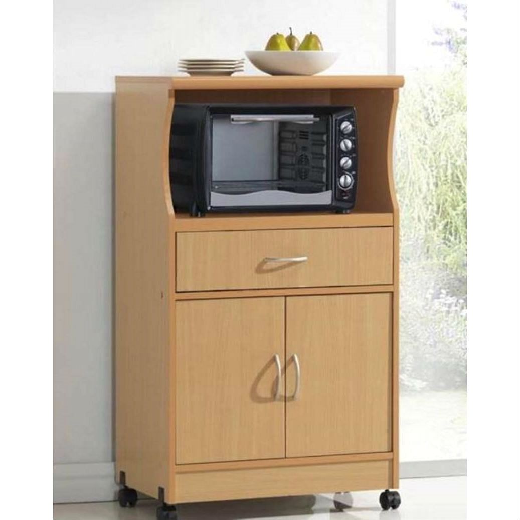 Beech Wood Microwave Cart Kitchen Cabinet Wheels Storage Dra