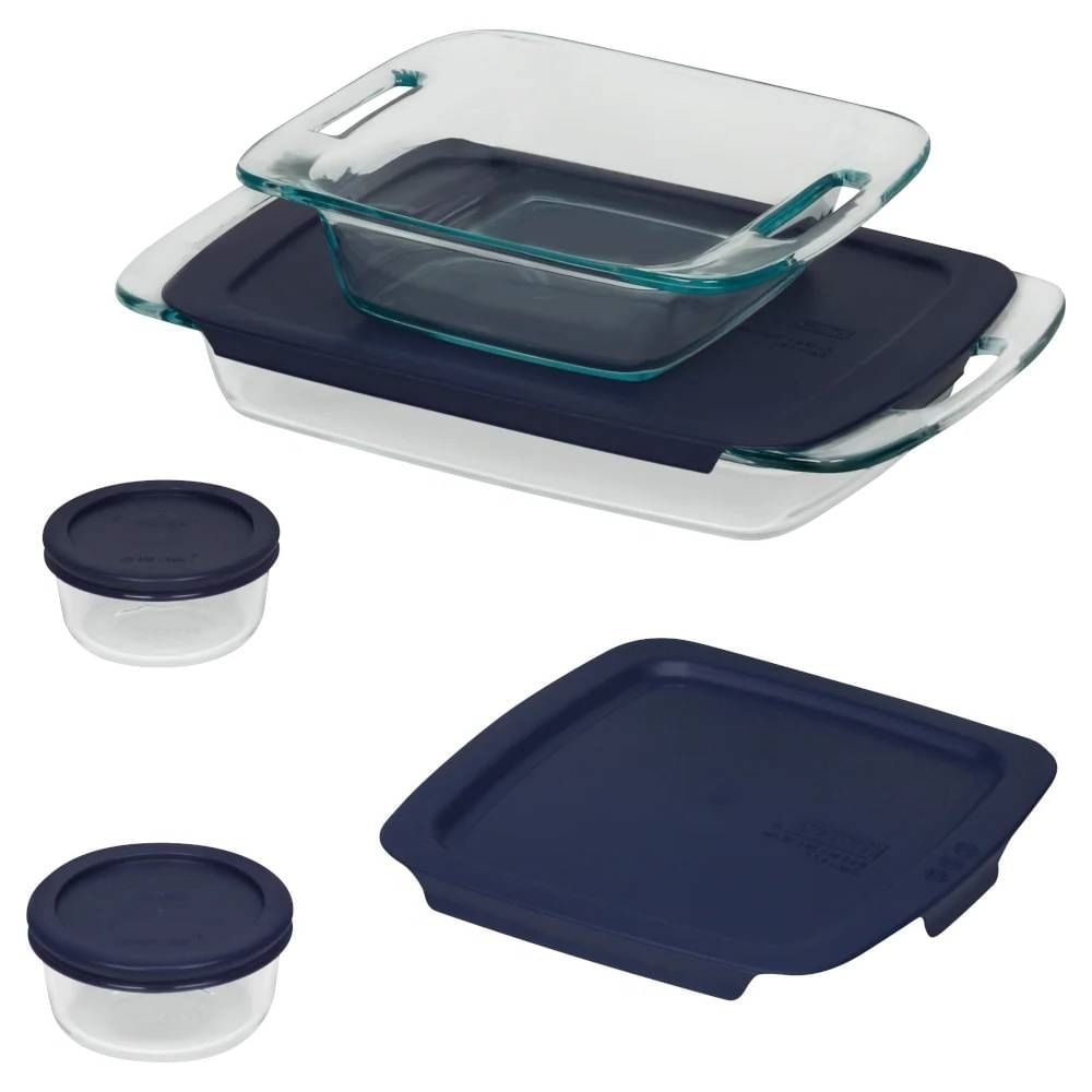 8Piece Glass Bakeware Food Storage Set Blue Plastic Lids