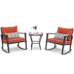 Category: Dropship Outdoors, SKU #TPRWFSR58581, Title: Outdoor 3-Piece Rattan Rocking Chairs and Table Set with Red Cushions