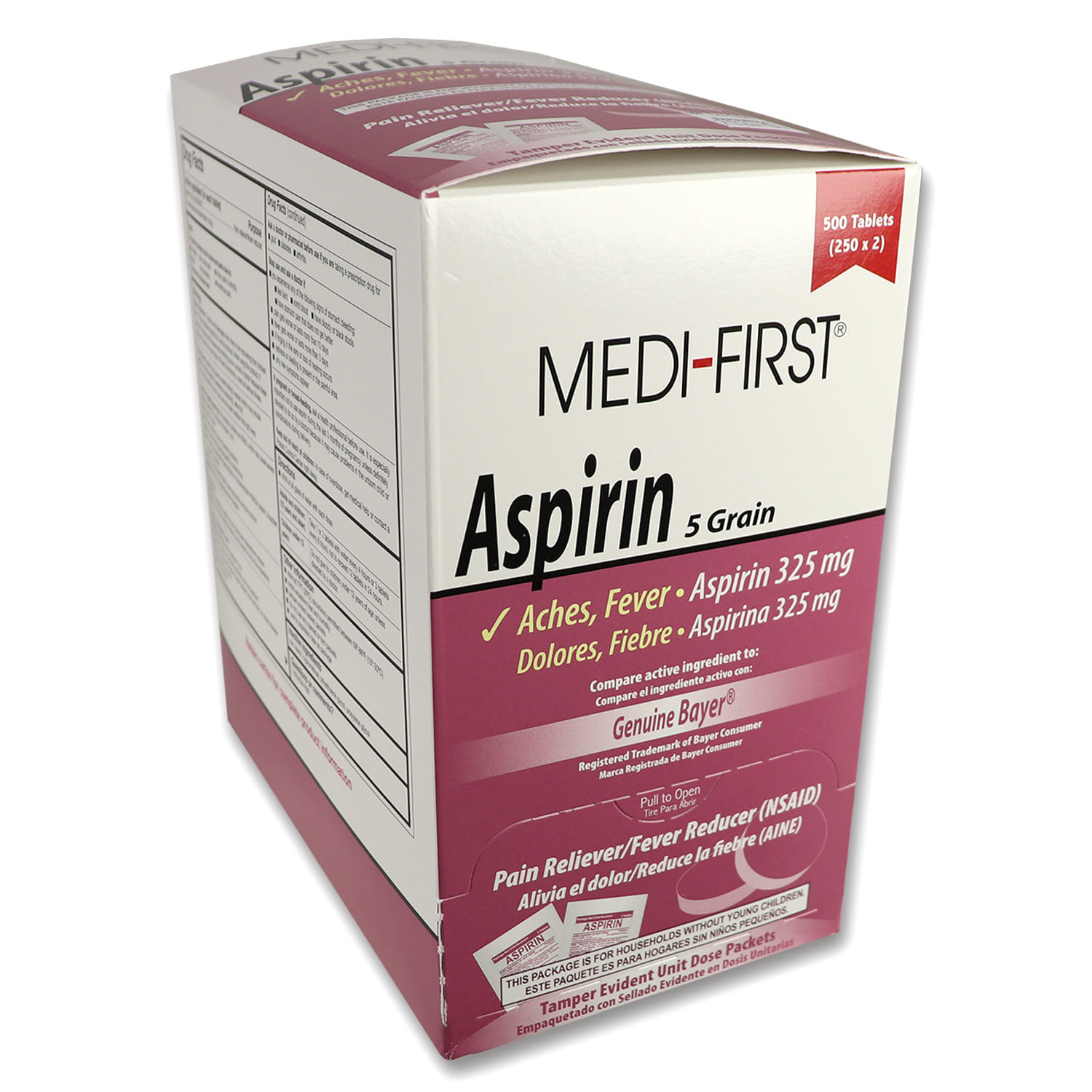 Aspirin, 500 tablets per box, 250 packets of 2 tabs each