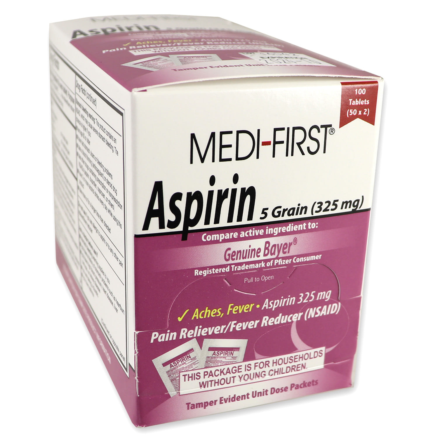 Aspirin, 100 tablets per box, 50 packets of 2 tabs each