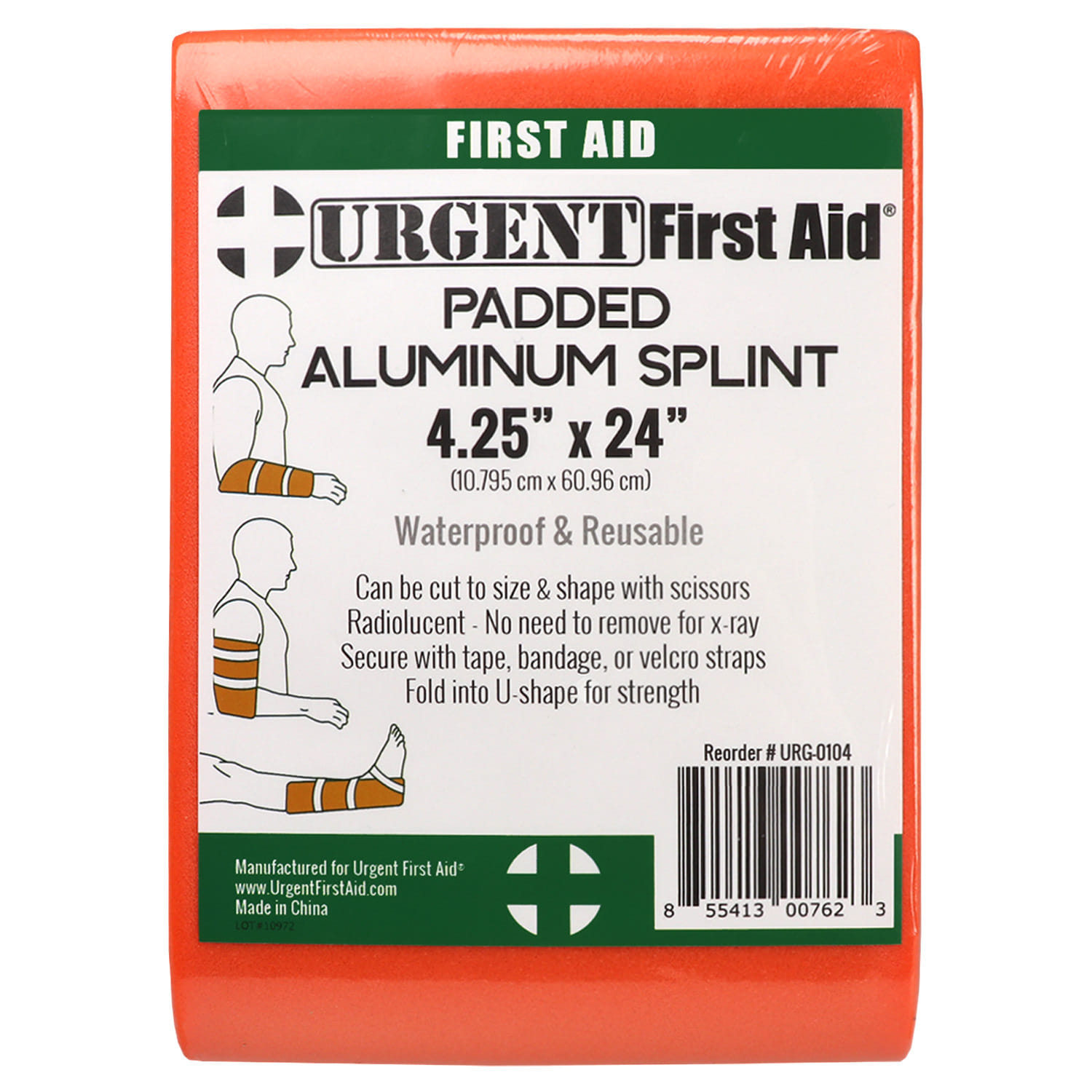 Padded Multi-Purpose Splint, Aluminum, Reusable, Orange, 4.25" x 24", Urgent First Aid