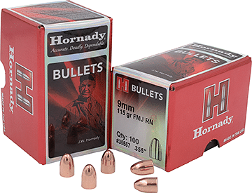 Hornady Full Metal Jacket Round Nose Bullets 9 mm. .355 in. 115 gr. 100 pk