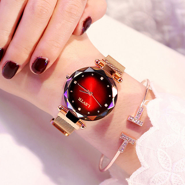 Rose Gold Women Smart Watches Fashion Diamond Ladies Starry Sky Magnet Watch Waterproof Female Wristwatch