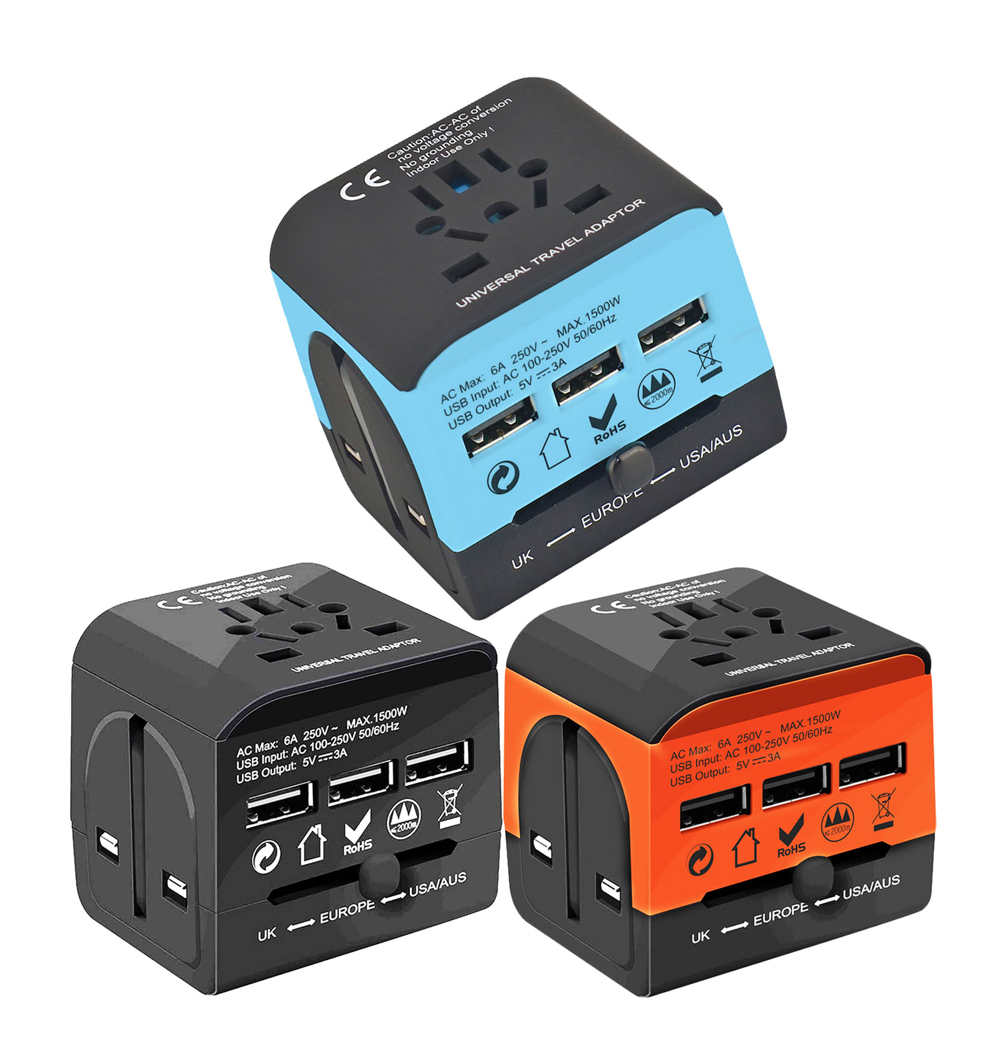 5 Core 3 Pieces Charger Universal Adapter Multi Outlet Port 3 USB Phone Power All in One Multi Cable Multiple Phone Charge Wall Plug Blue; Orange & Black