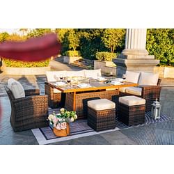 Category: Dropship Home, Garden & Furniture, SKU #D0100HEBF2G, Title: 7 PCS Patio Conversational Sofa Set With 1 Gas Firepit And Ice Container Rectangle Dining Table. 1 Storage Box  And 2 Ottomans