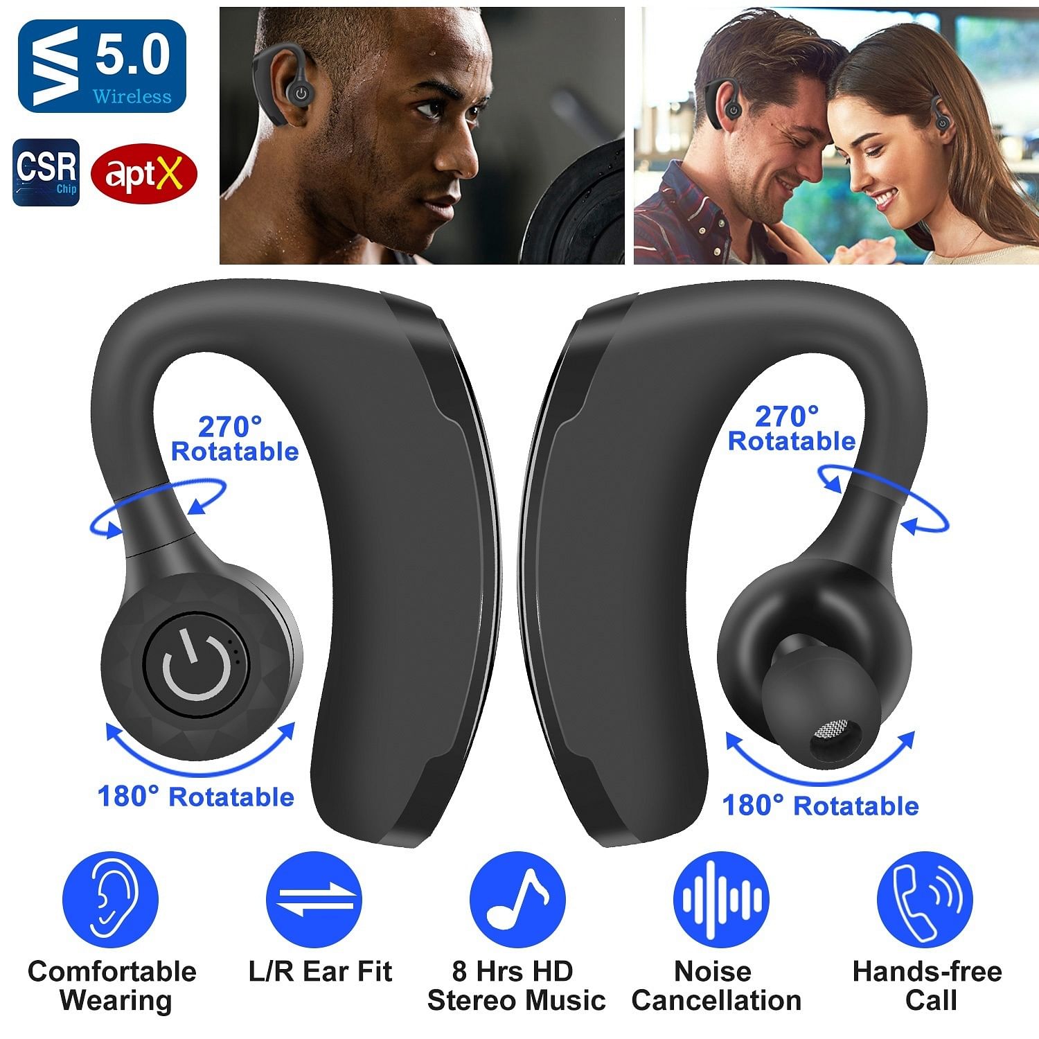 True Wireless Earbuds Wireless V5.0 Stereo Earphones Waterproof Headphones 8Hrs Playtime Deep Bass