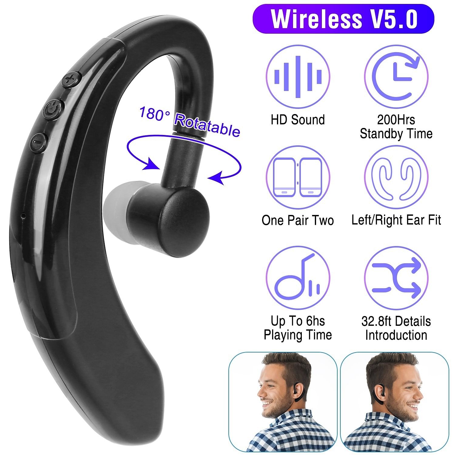 Wireless V5.0 Earpiece Noise Cancelling Driving Earbuds 180� Rotatable