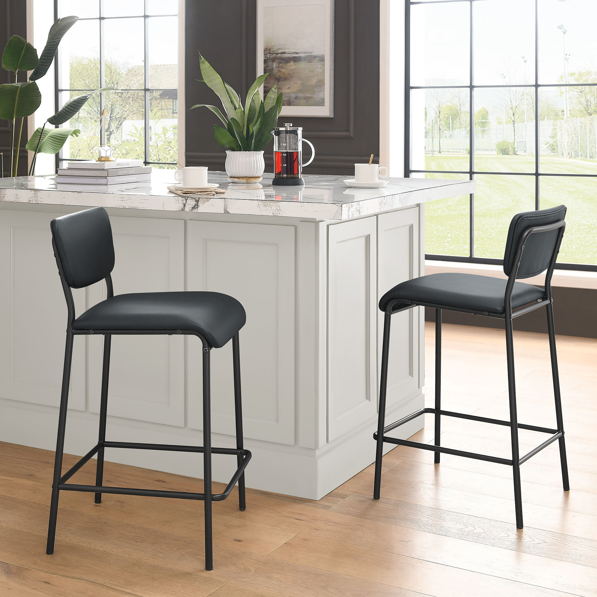 Pu Faux Leather Counter Stools Set 2 Pub Counter Stool Footr