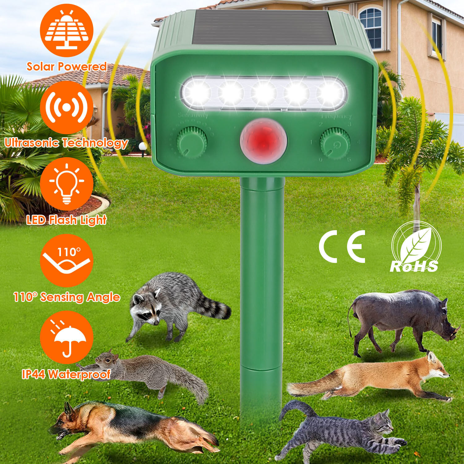 Solar Powered Ultrasonic Animal Repeller Motion Sensor Anima