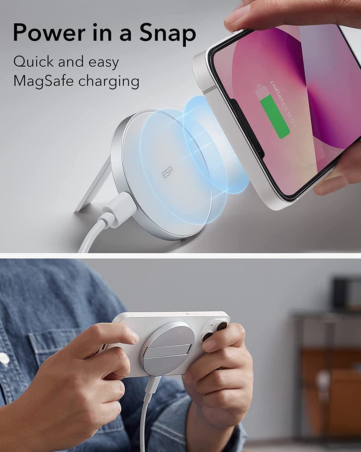 ESR HaloLock Kickstand Wireless Charger;  MagSafe-Compatible Charger for iPhone 14/14 Plus/14 Pro/14 Pro Max and iPhone 13/12 Series;  with 5 ft (1.5 m) Removable Cable;  Adapter Not Included