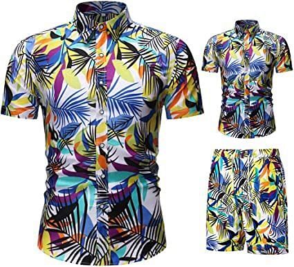 Men's Flower 2 Piece Tracksuit Shirt Casual Hawaiian Short Sleeve Shirts and Pants Suit