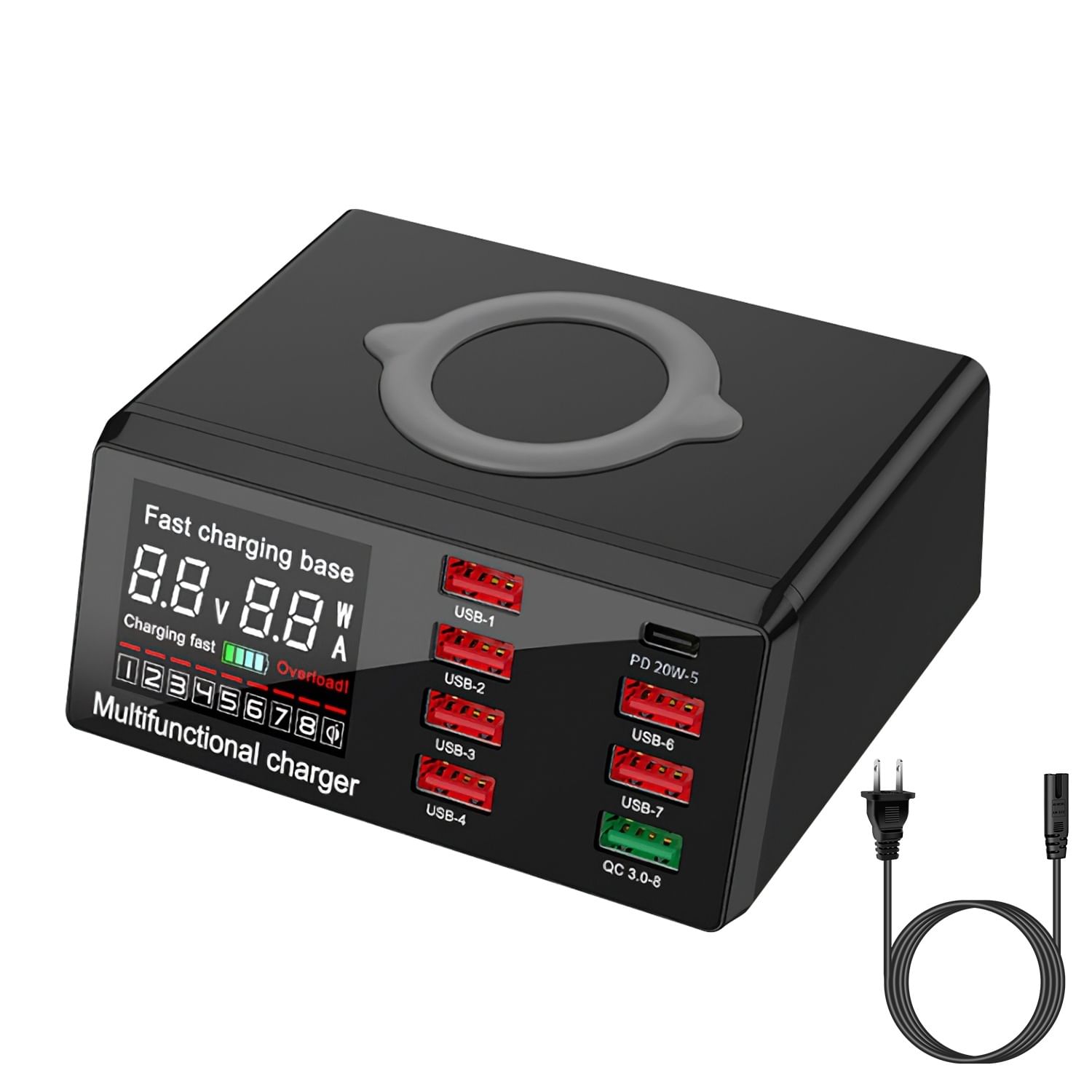 100W USB Charger Hub 8-Port USB Charging Station with LCD Display Wireless Charging Pad Wireless Fast Charger PD20W Port QC3.0 Port 6 USB Ports for IOSPhone 12 And More