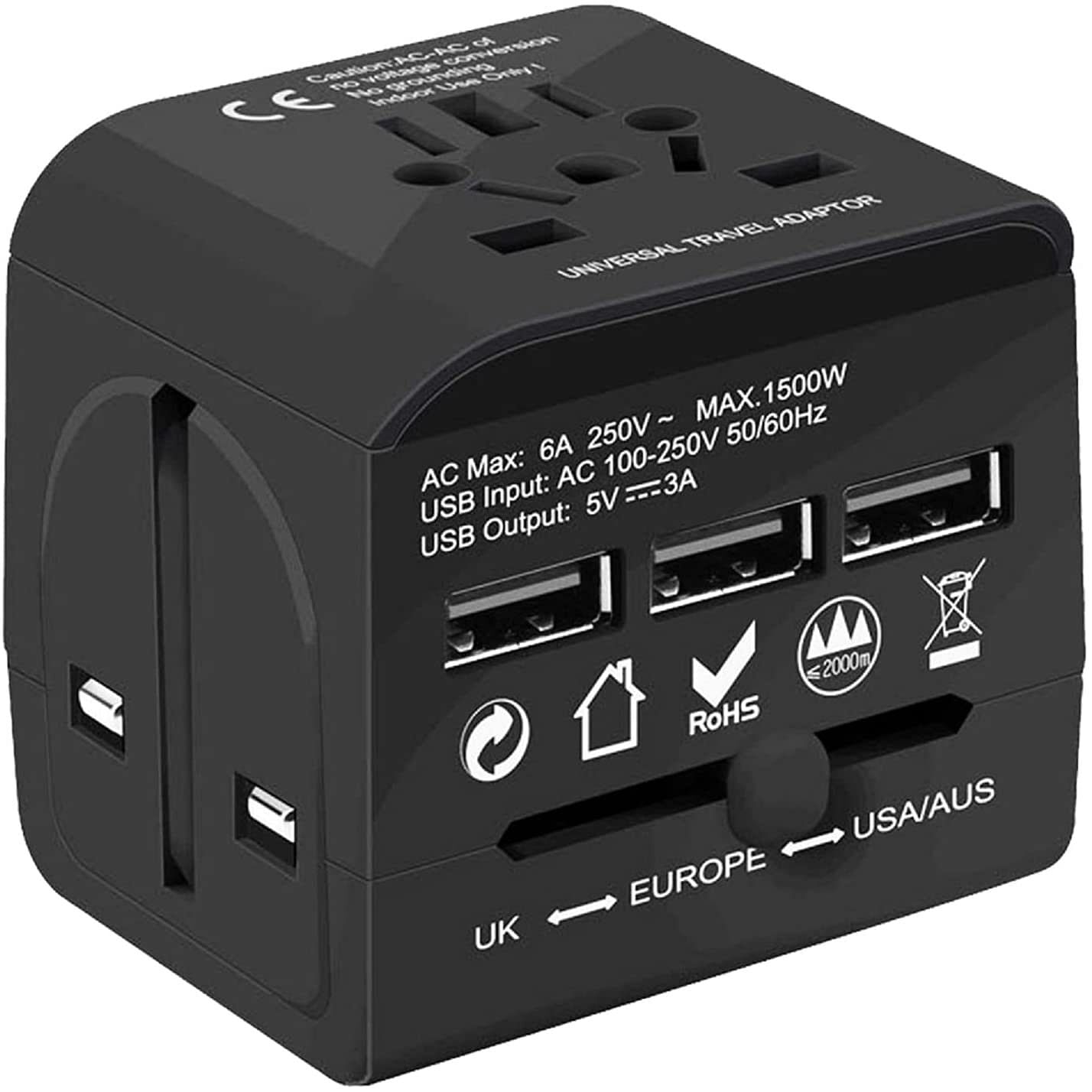 5 Core Charger Universal Adapter Multi Outlet Port 3 USB Phone Power All in One Cable Multiple Phone Charge Wall Plug (Black) - UTA 3USB BLK