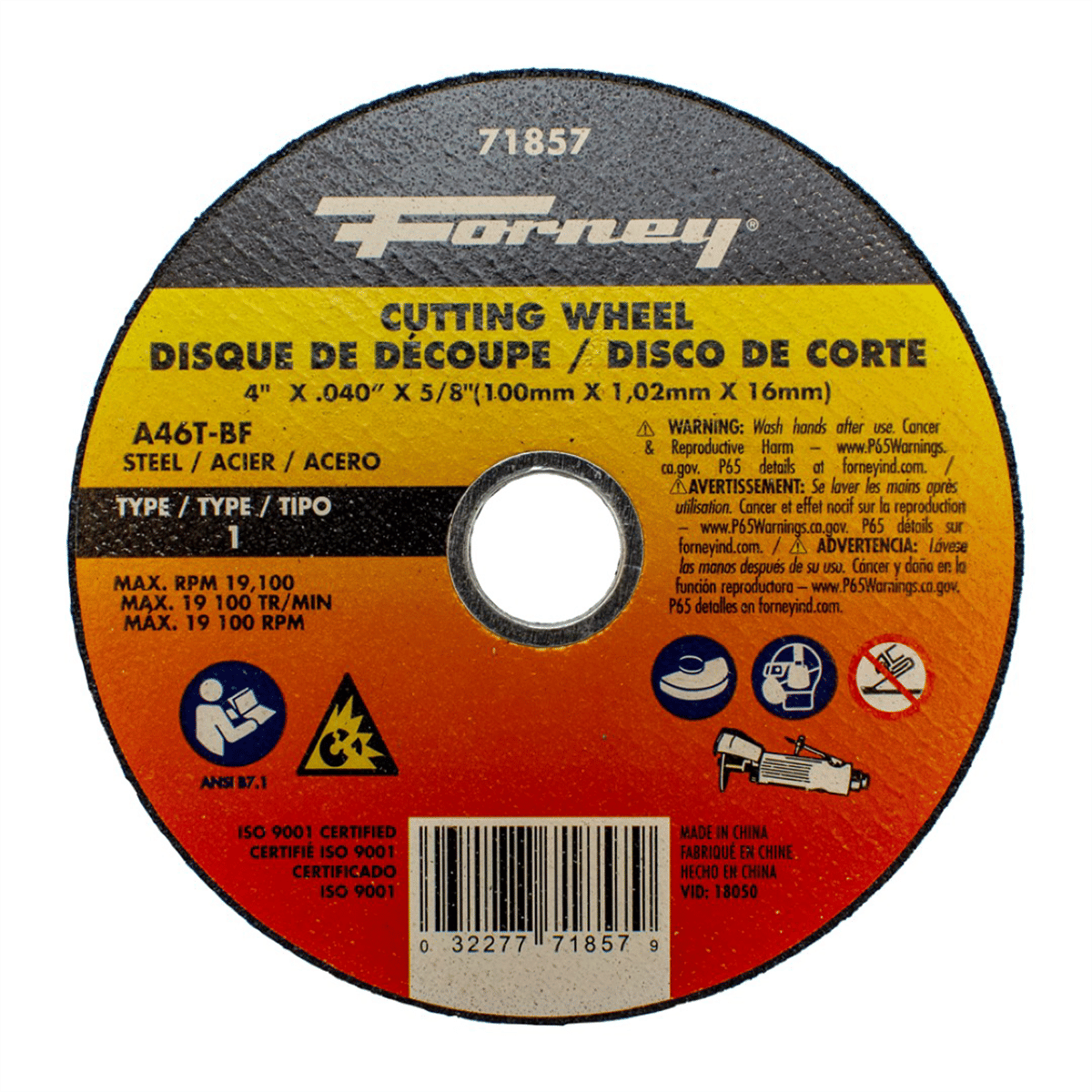 Forney Industries Cut-Off Wheel, Metal, Type 1, 4 in x .040 in x 5/8 in