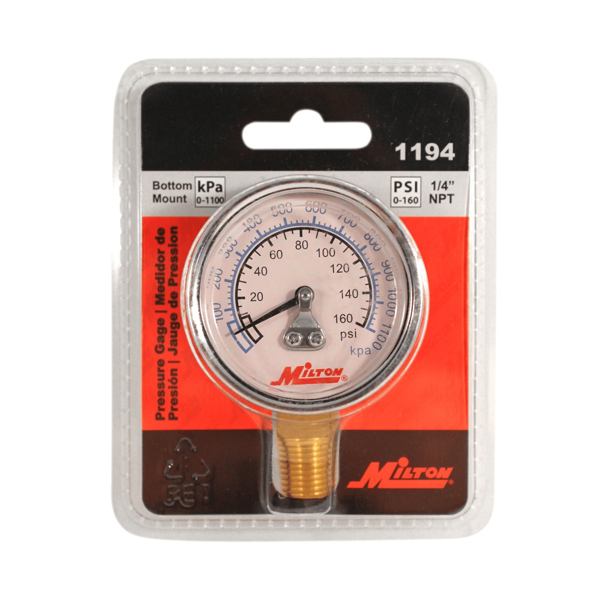 Milton Industries Gage 1/4" NPT, 0-160 PSI - Bottom Mount