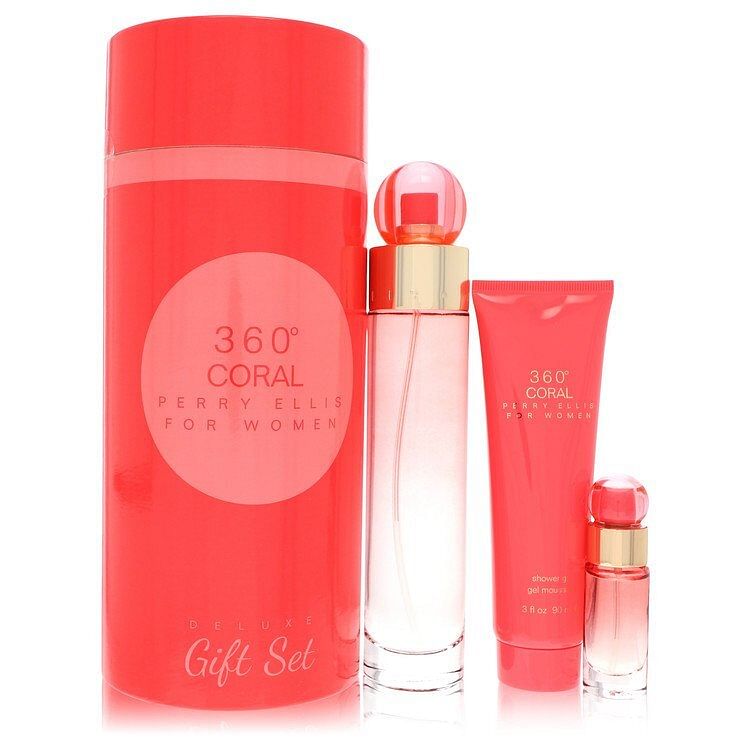 Perry Ellis 360 Coral by Perry Ellis Gift Set — 3.4 oz Eau de Parfum Spray + .25 oz Mini EDP Spray + 3 oz Shower Gel (Women)