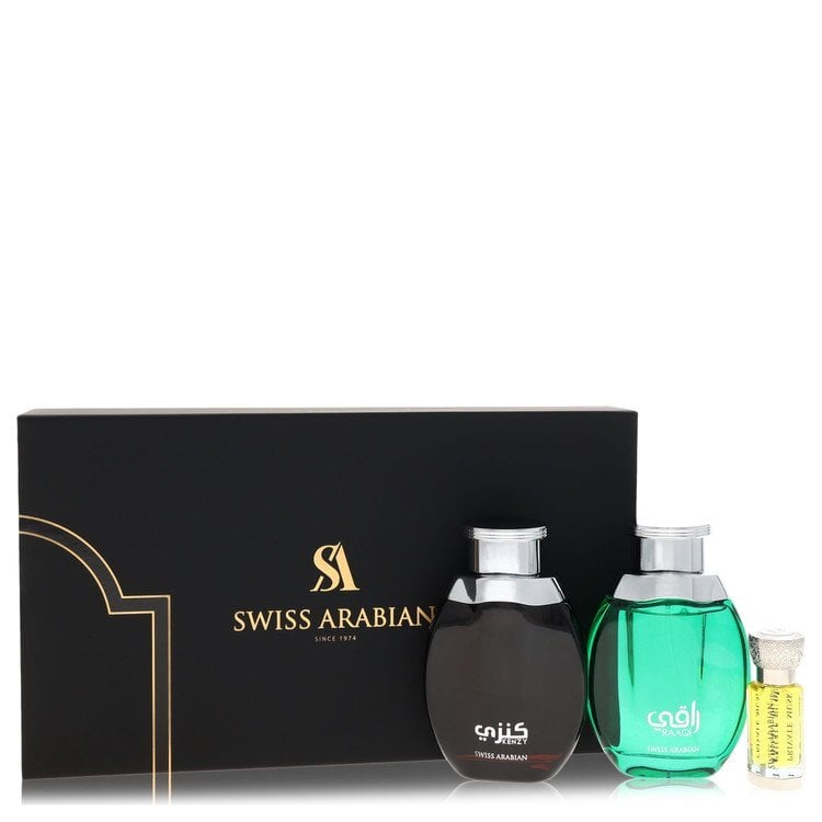 Kenzy by Swiss Arabian Gift Set -- 2 x 3.4 oz Eau De Parfum in Raaqi & Kenzy + .4 oz Concentrated Perfume Oil in Private Musk (Men)
