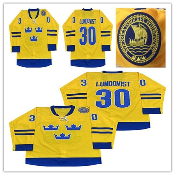 Color: Yellow - Size: L - Men's 30 Henrik Lundqvist Team 2014 Sweden Hockey Jersey Vintage Stitched Yellow Size S-XXXL