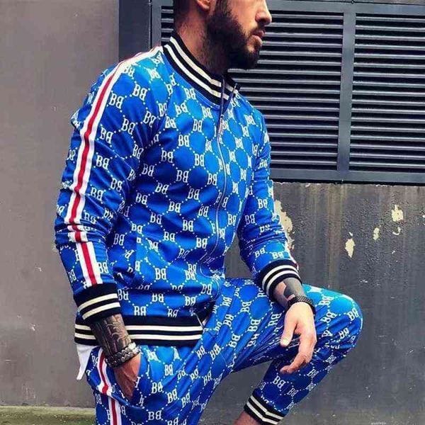 Color: 1 - Size: XL - Men Tracksuit 2022 New 3D Plaid Printed Sports Casual Set Fashion British Style Gentleman Jacket Tether Pants 2-Piece Suit L220726