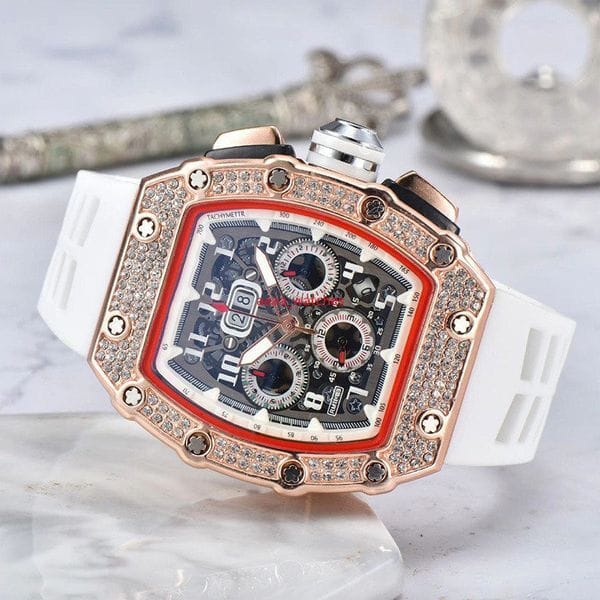 Color: 11 - 6 pin Diamond Automatic Date Watch Limited Edition Men's watch Top brand luxury full function quartz watchES Silicone strap LWA