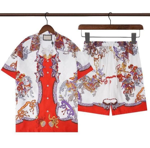 Color: RedPants - Size: Asian size L - Men's Tracksuits Summer Casual Short Shirts Beach Pants 2 Pieces Set Fashion Letters Flowers Print Cotton T-shirt Designer Brand Spring Mens Clothing M-3XL