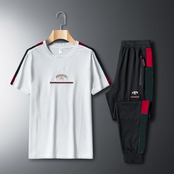 Color: 3 - Size: Asian size M - Men's Tracksuits Elastic Casual Embroidered Short Sleeve O-neck Suit Fitness Sports Trousers Set Two Piece Tracksuit Men Streetwear Clothing