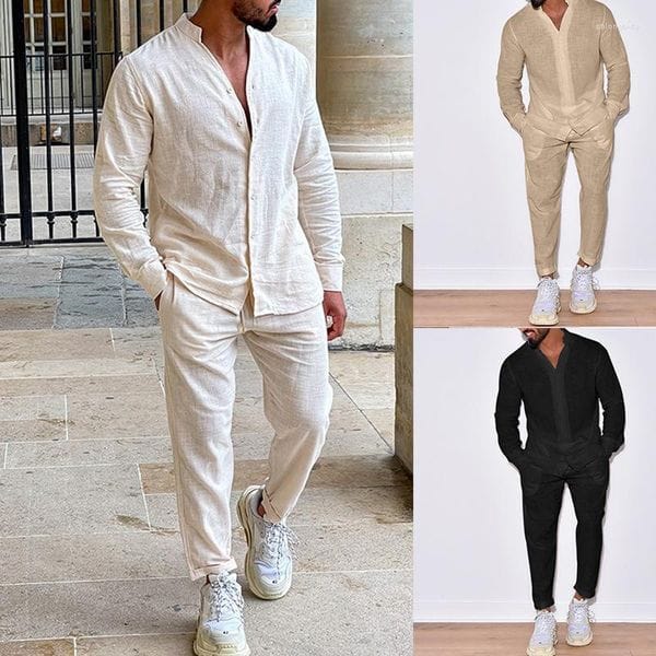 Color: Beige - Size: XL - Men's Tracksuits European And American Men's Linen Autumn Casual Suit Long-sleeved One-piece Cargo Trousers Are On Sale