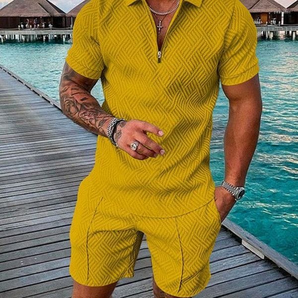 Color: KZ-P2046 - Size: S - Men's Tracksuits Men's Suit Set 3D Solid Color Print Summer Short Sleeve Polo Shirt Shorts Fashion Zipper Two Piece Men