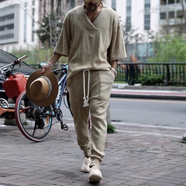 Color: Gray - Size: XXL - Men's Tracksuits Casual Short Sleeve V Neck Sweater Top Pocket Pants Clothing Suit Y2K INS Clothes Summer Autumn Two Piece Set For Men