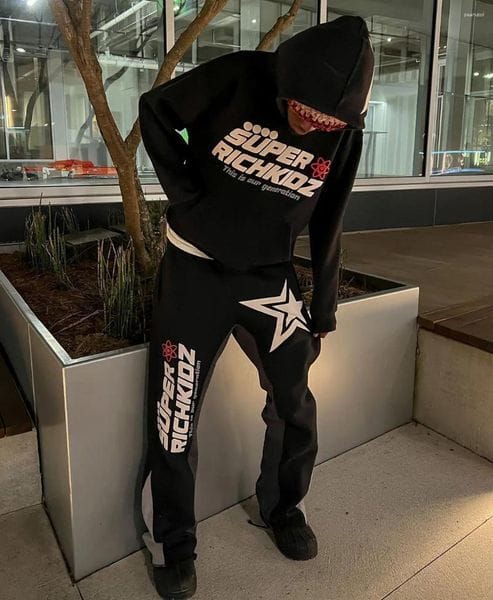 Color: Grey trousers - Size: XL - Men's Tracksuits Y2K Men Hoodies Harajuku Hip Hop Full Zipper Jacket Coat Streetwear High Street 90s Women Gothic Punk Loose Pocket