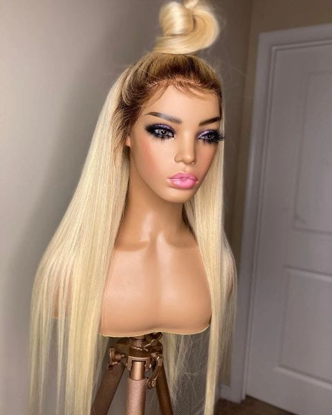 Color: lace front wig - Ombre Blonde Lace Front Wig Human Hair Colored Wigs for Women Long Straight Brazilian Hd Transparent Full Lace 360 Frontal Wig