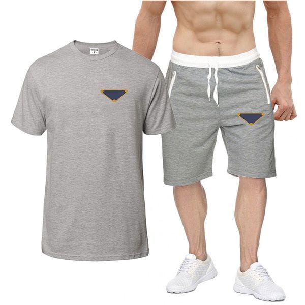 Color: gray - Size: L - Adult: yes - luxury brand designer Mens Tracksuits Sets Jogger Sports sportswear Suits man tracksuits Two Piece Set T Shirt Summer Printed Short Sleeve Shorts