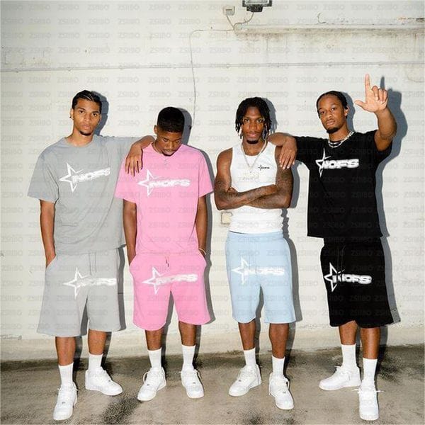 Color: Black T-shirt - Size: L - Men's Tracksuits shorts Streetwear NOFS Y2K 2 Piece Set Mens Hip Hop Letter Print Oversized Hoodie Sweatshirt Sweatpant Casual Pants Sportswear