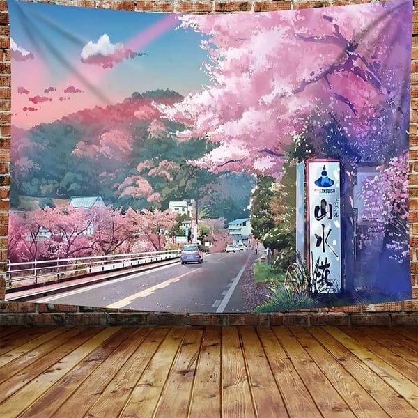 Anime Scenery Tapestry Japanese Mountain with Cherry Blossom Tapestries Sakura Village Aesthetic Art Wall for Bedroom 240411