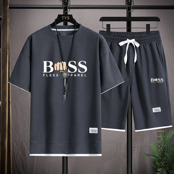 Color: Black - Size: 4XL - Adult: yes - Designer Summer Suit For Men Waffle Fabric Fashion Casual Clothing Print T-Shirt + Shorts Two Piece Set Male Sports Suit Short Sleeve Tracksuit
