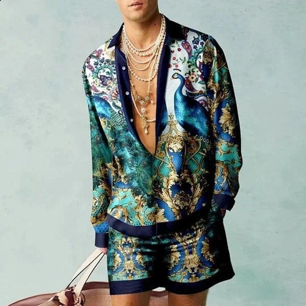 Color: A18tzz3n23131b6 - Size: S - Shirt 2Pcs Set 3D Print Men Casual Fashion Shorts Long Sleeves Shirts Oversized Summer Streetwear Suits Peacock Pattern 240729