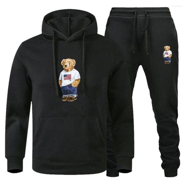 Color: Red - Size: XXL(weight)70-80KG - Men's Tracksuits Gentleman Teddy Bear Print Mens Hoodie Sweatpants 2 Piece Suits Casual Streetwears Fashion Luxury Outfit