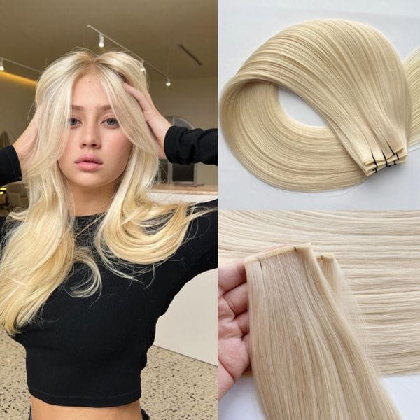 Color: Blonde - Adult: yes - 100% European Genius weft Virgin Human Hair Extensions Blonde color Invisible Mini Weft Hair 100g Full Head , Long Lasting 16-18 months