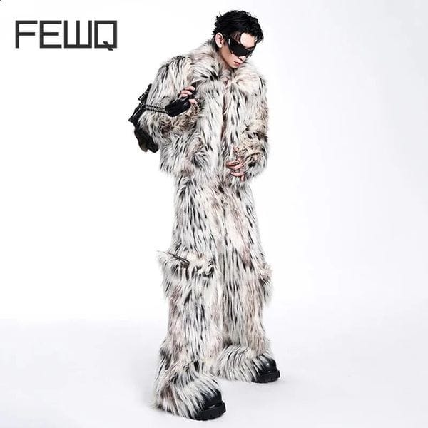 Color: Picture Color Pants - Size: M - FEWQ 2024 Winter Men Two-piece Niche Fur Plush Long Sleeved Coats Large Pocket Decoration Casual Trousers Mens Suit 24E5008 241121