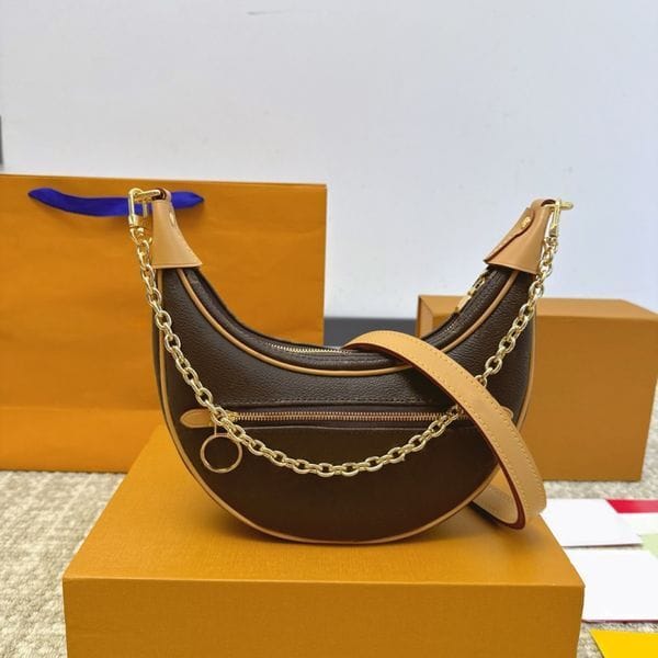 Color: L1 Brown Flower - Designer Crossbody bag Loop hobo Women sleek design Denim Leather Crescent shoulder Purse Half-moon underarm Handbag sac luxe Chain wallet Brown Flower