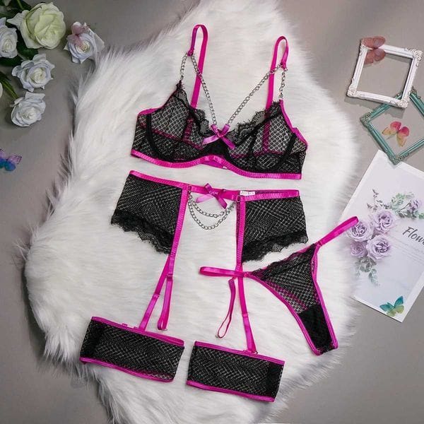 Color: Pink - Size: S - Adult: yes - Plus Size Lingerie Sexy Mesh Hot Erotic Lingerie Sexy Lace Bra Set For Women Chains Costumes Set Underwear Bra Panty Garters SetXJ241205